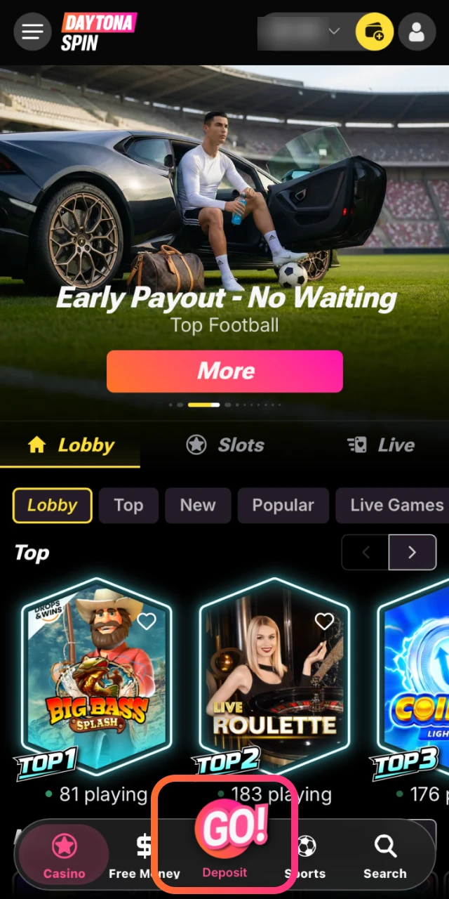Log in and make your first deposit at Daytona Spin to activate the welcome bonus.